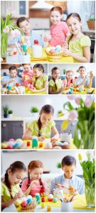  Children paint easter eggs - stock photos 