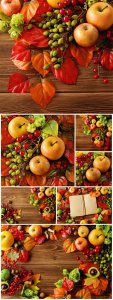  Autumn composition on wooden background - Stock photo 