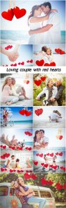  Loving couple with red hearts, Valentine's Day 