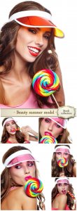  Beauty summer model girl eating colourful lollipop - Stock photo 